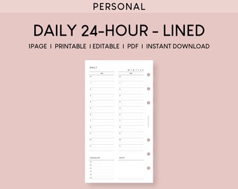 24-Hour Daily Planner Printable: Hourly Schedule, Lined Notes (Personal Size) (Printable & Editable PDF)