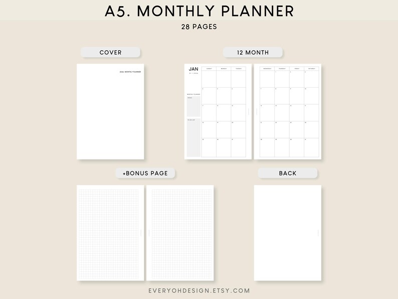 2026 Monthly Planner A5 Printable Insert: Minimalist Calendar (PDF) - Etsy