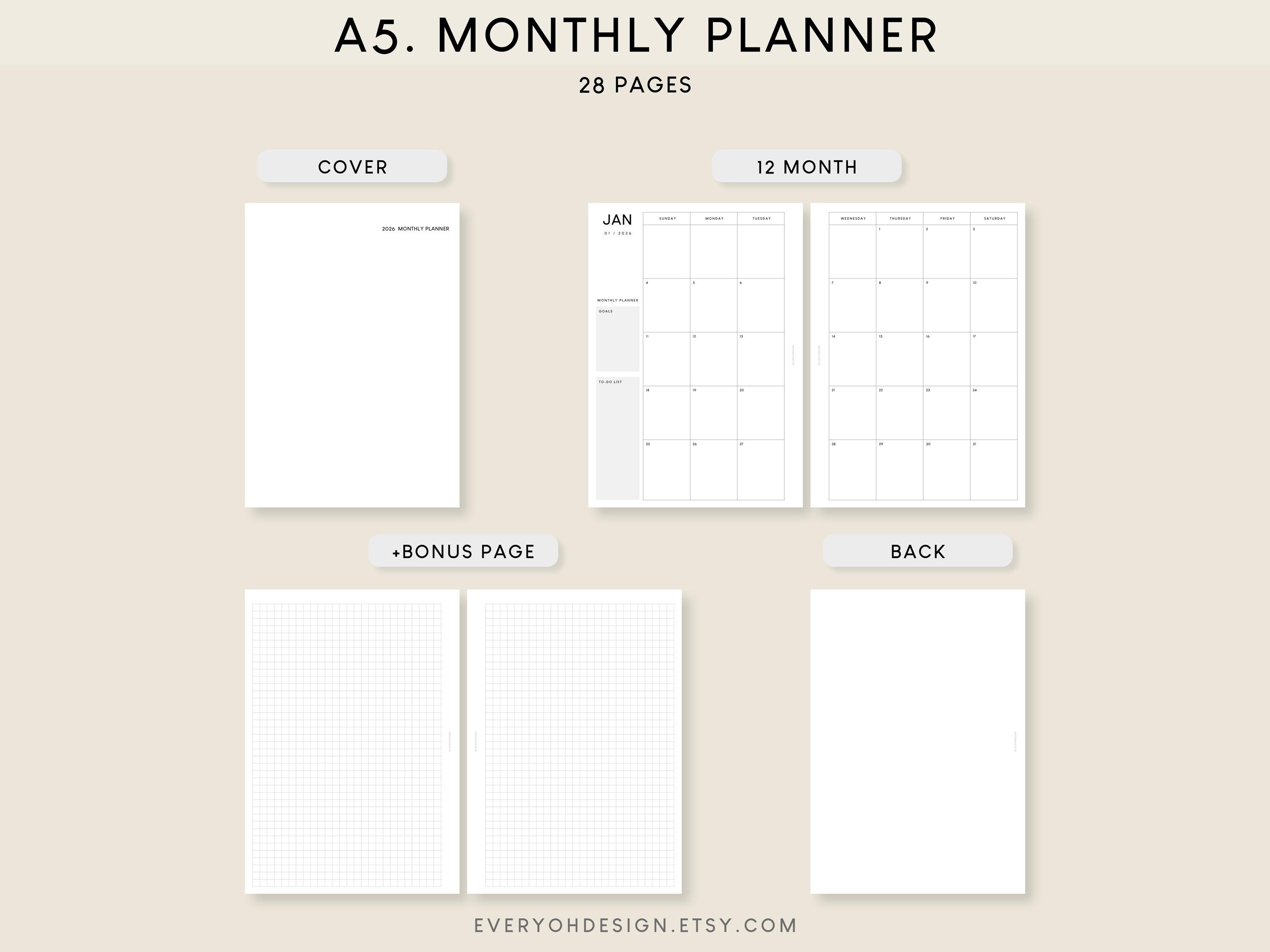 2026 Monthly Planner A5 Printable Insert: Minimalist Calendar (PDF) - Etsy