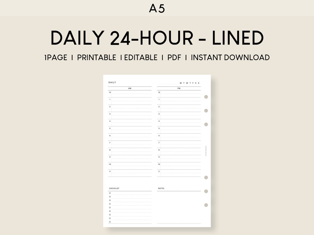 Daily 24-hour Planner Printable A5 Inserts | Undated Daily Log ...