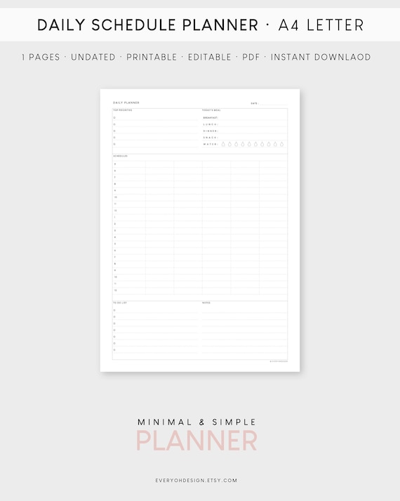 Daily Planner A4 Letter Printable Template Editable Undated | Etsy