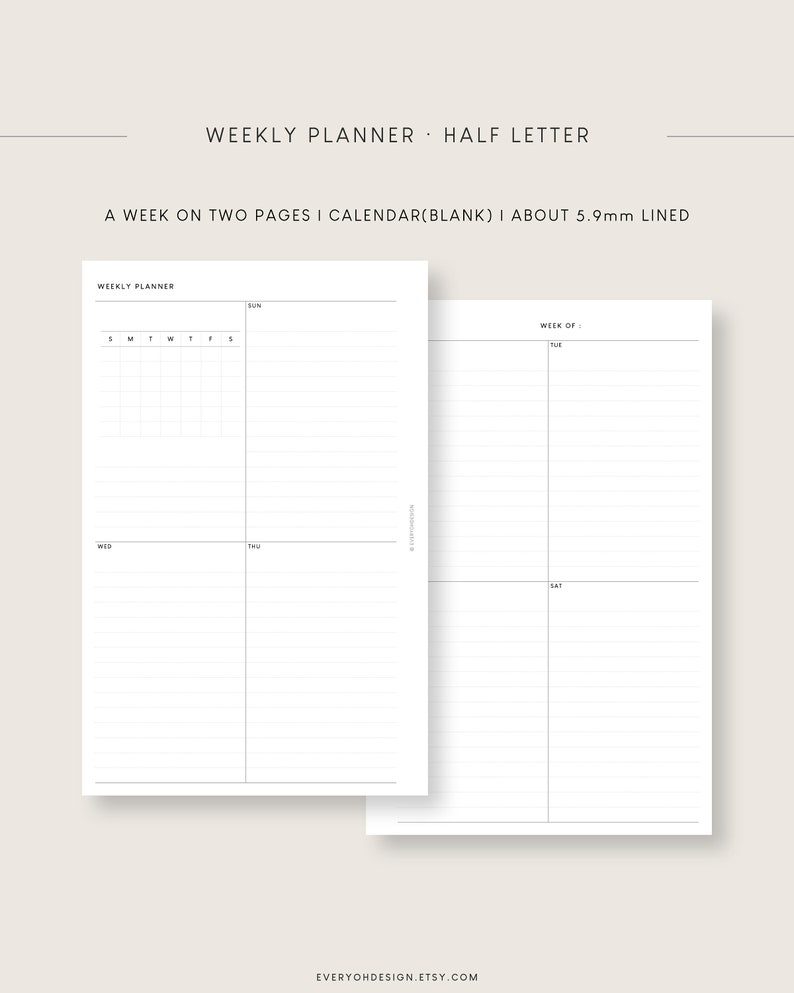 Minimalist Weekly Planner Printable: Half Letter Inserts (editable PDF ...