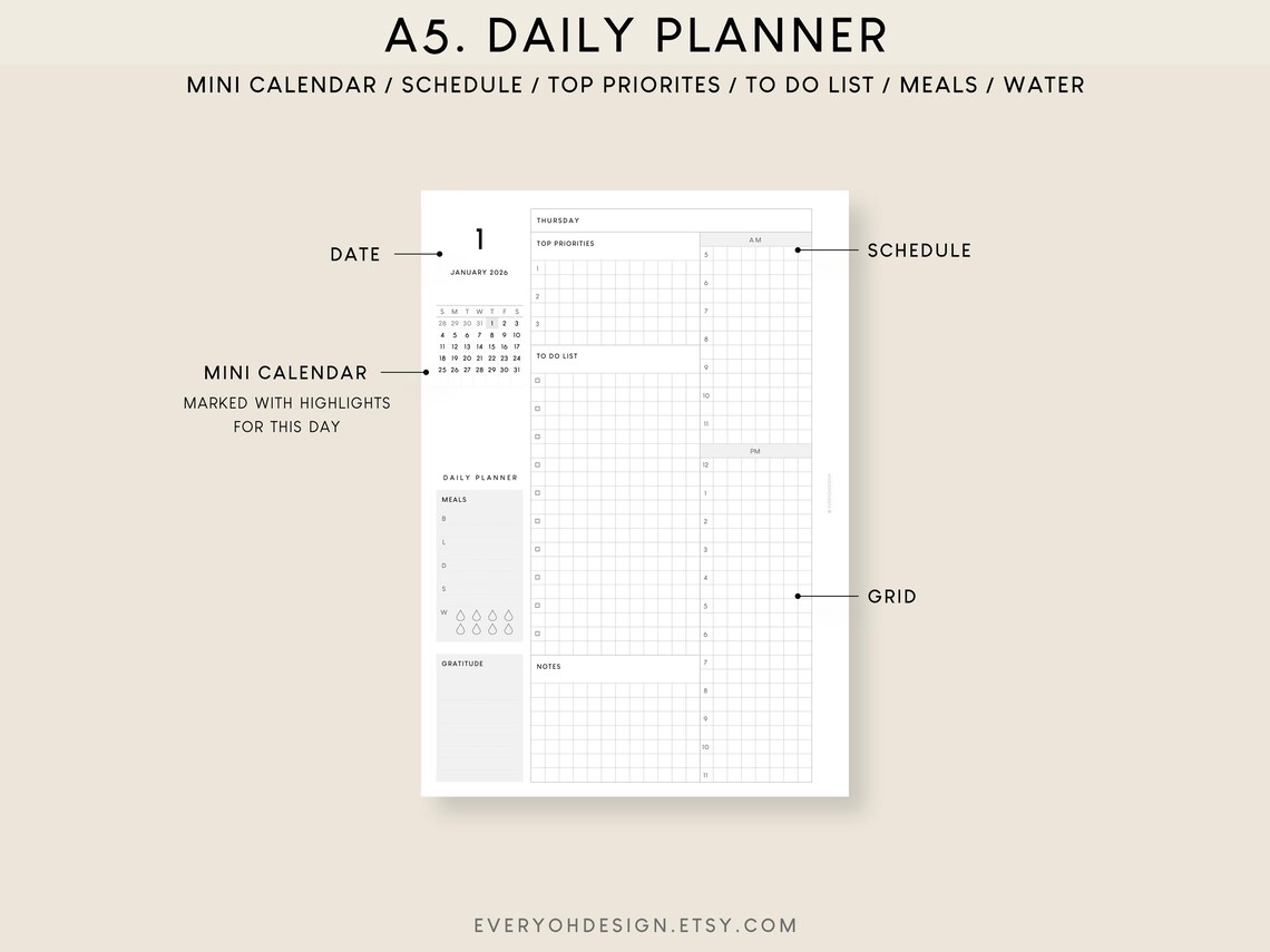 2026 A5 Daily Planner Printable: Grid Layout (PDF Download) - Etsy