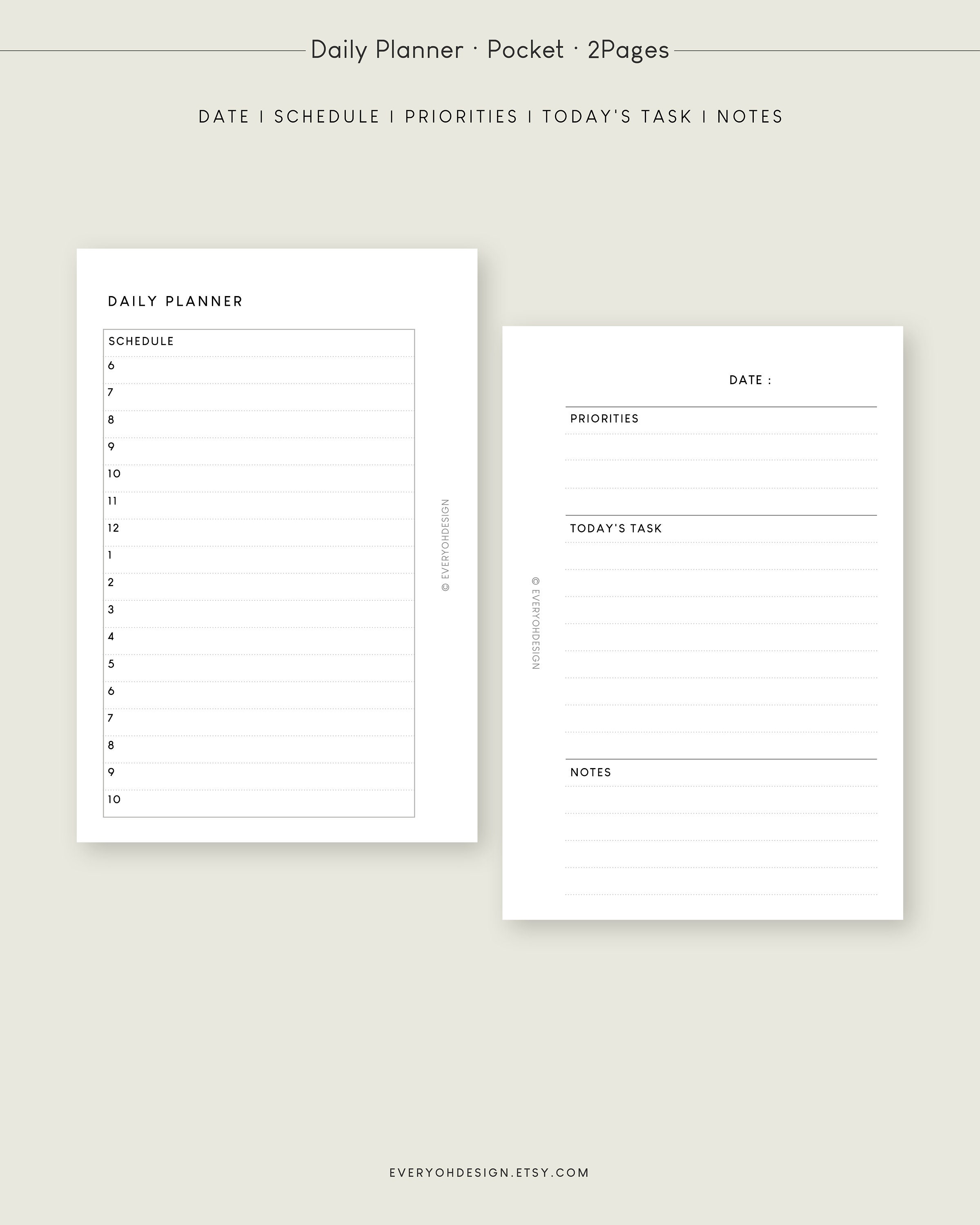 Printable Undated Daily Planner Pocket Daily on Two Pages Editable