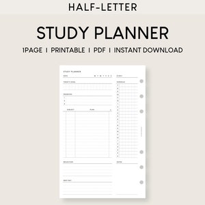 May include: A black and white printable study planner with sections for daily goals, priorities, subjects, plans, reflection, notes, and a weekly schedule. The planner is designed for half-letter size paper.