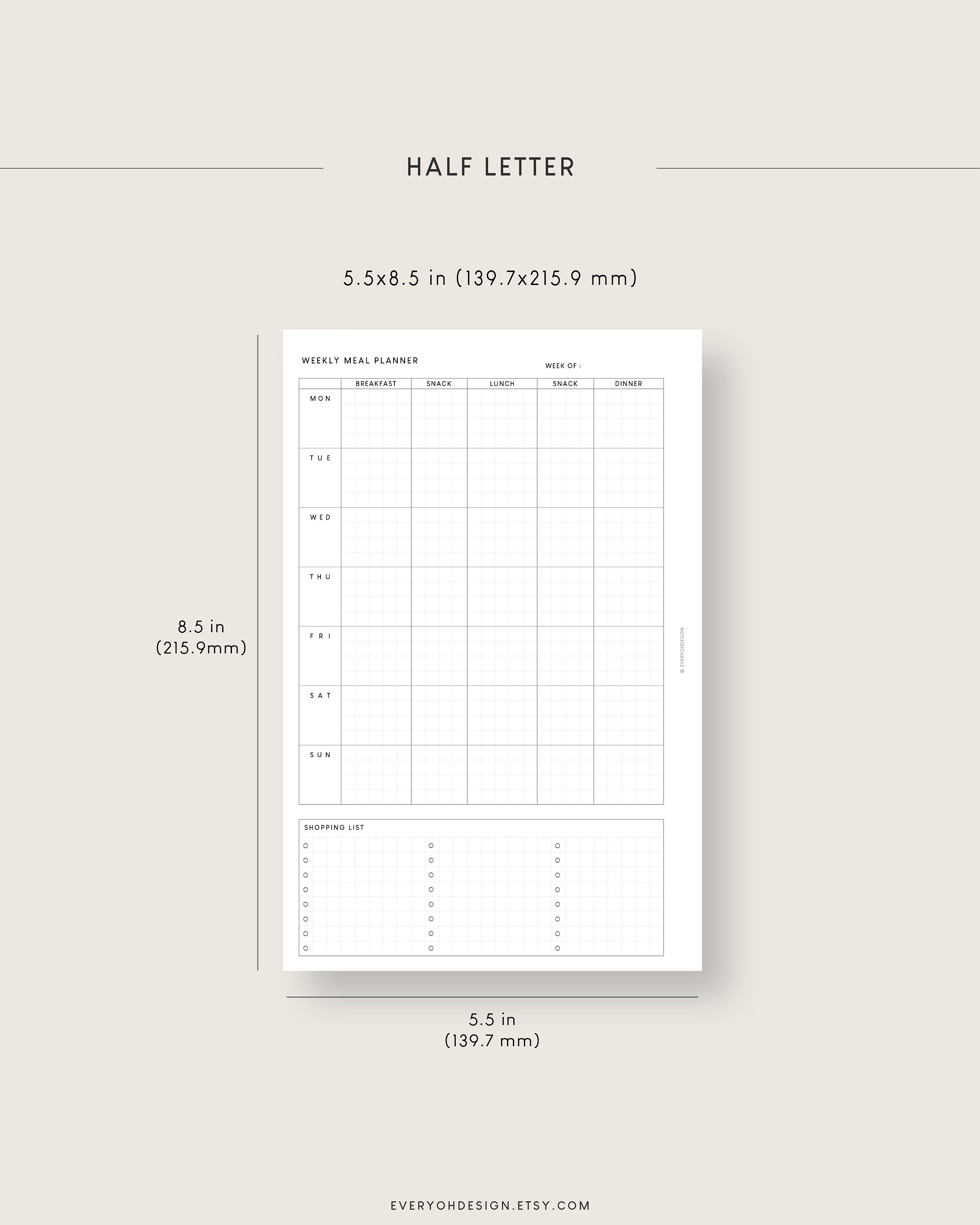 Half Letter Weekly Meal Planner: Minimalist Printable, Editable Menu ...
