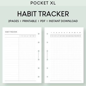 Pode incluir: Um rastreador de hábitos imprimível com o texto "HABIT TRACKER" no topo. O design inclui duas páginas com grades para rastrear hábitos, numeradas de 1 a 31. As páginas são projetadas para um planejador Pocket XL.