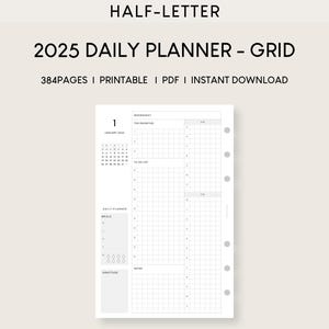 Half-Letter 2025 Daily Planner with Calendar Printable Inserts | Dated Hourly Timetable Worksheet | Day On One Page | 365Day Notion Notes