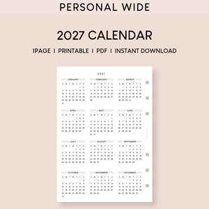 Puede incluir: Una página de calendario 2027 en formato personal wide como PDF imprimible. El documento presenta un diseño de cuadrícula en blanco y negro con los doce meses de enero a diciembre y perforaciones visibles en el lado derecho.