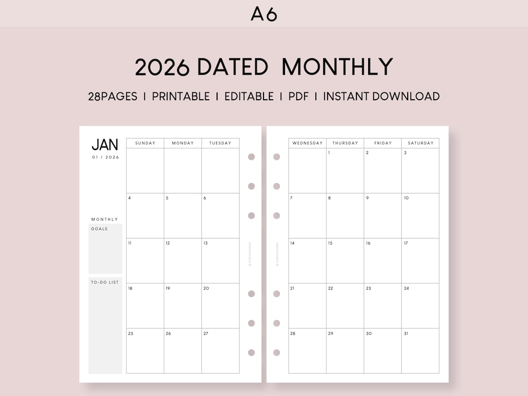 2026 A6 Monthly Calendar Printable Inserts (included Editable PDF) - Etsy