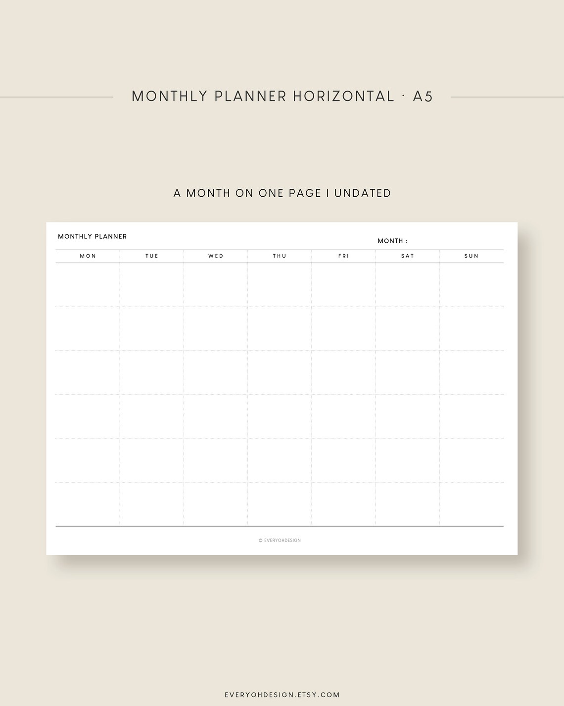 Monthly Planner Horizontal A5 Insert Printable Month on One - Etsy