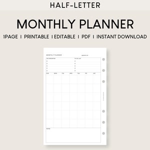 Puede incluir: Un planificador mensual imprimible en tamaño medio-carta. El planificador incluye secciones para las principales prioridades, la lista de tareas pendientes y una cuadrícula de calendario con los días de la semana etiquetados. El planificador está diseñado para su uso con un sistema de planificador de encuadernación en disco.