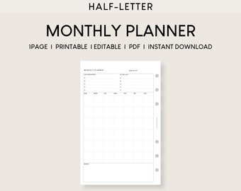 Planner mensile stampabile: mezza lettera, modificabile, senza data (PDF)