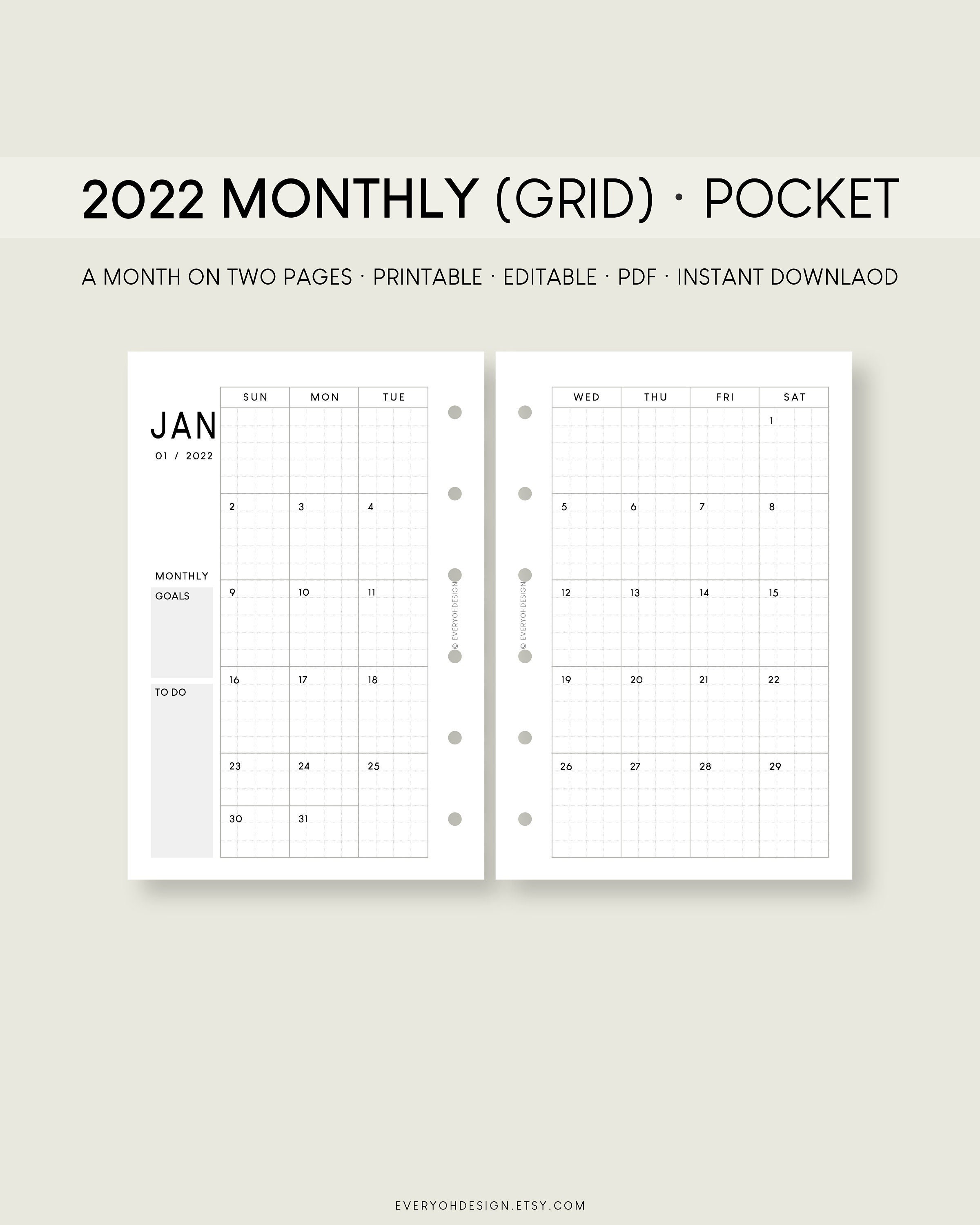 2022 monthly calendar pocket printable inserts dated planner etsy