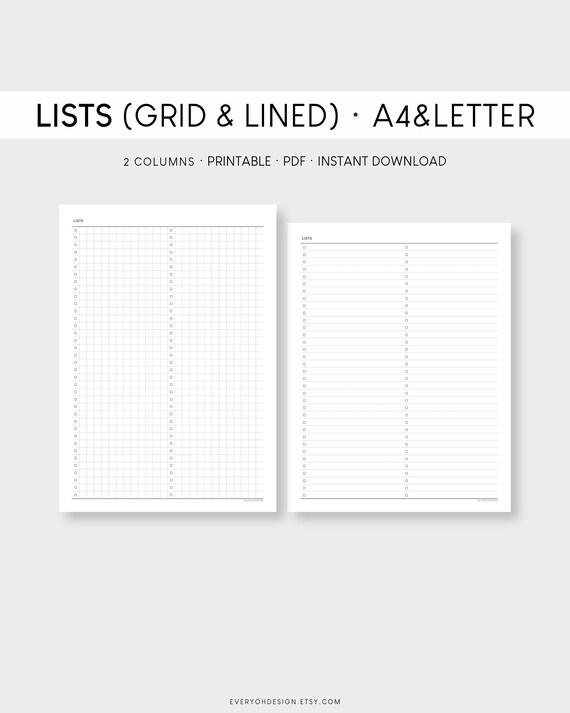A4 &amp; Letter Blank Lists Printable Planner Minimalist 2 | Etsy