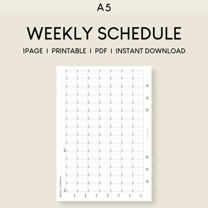 May include: A5 size printable weekly schedule planner with a simple grid layout. The planner is designed for use with a ring binder and has holes punched on the right side. The text "WEEKLY SCHEDULE" is at the top of the page.