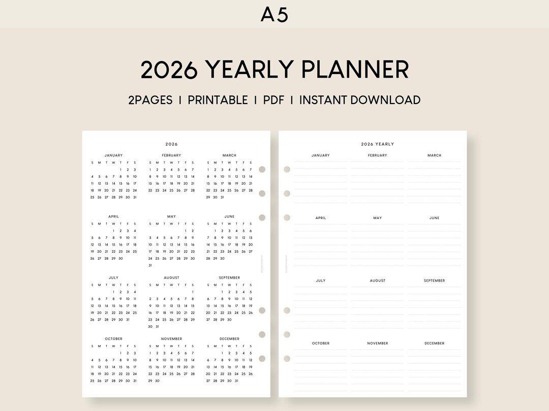 Buy A5 2026 Yearly Planner Printable Inserts (PDF Template) Online in ...
