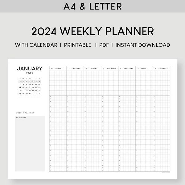 2024 Weekly Planner with Calendar A4 & Letter | Dated Hourly Printable Template | 52 Week Schedule Desk Planner | Week At A Glance