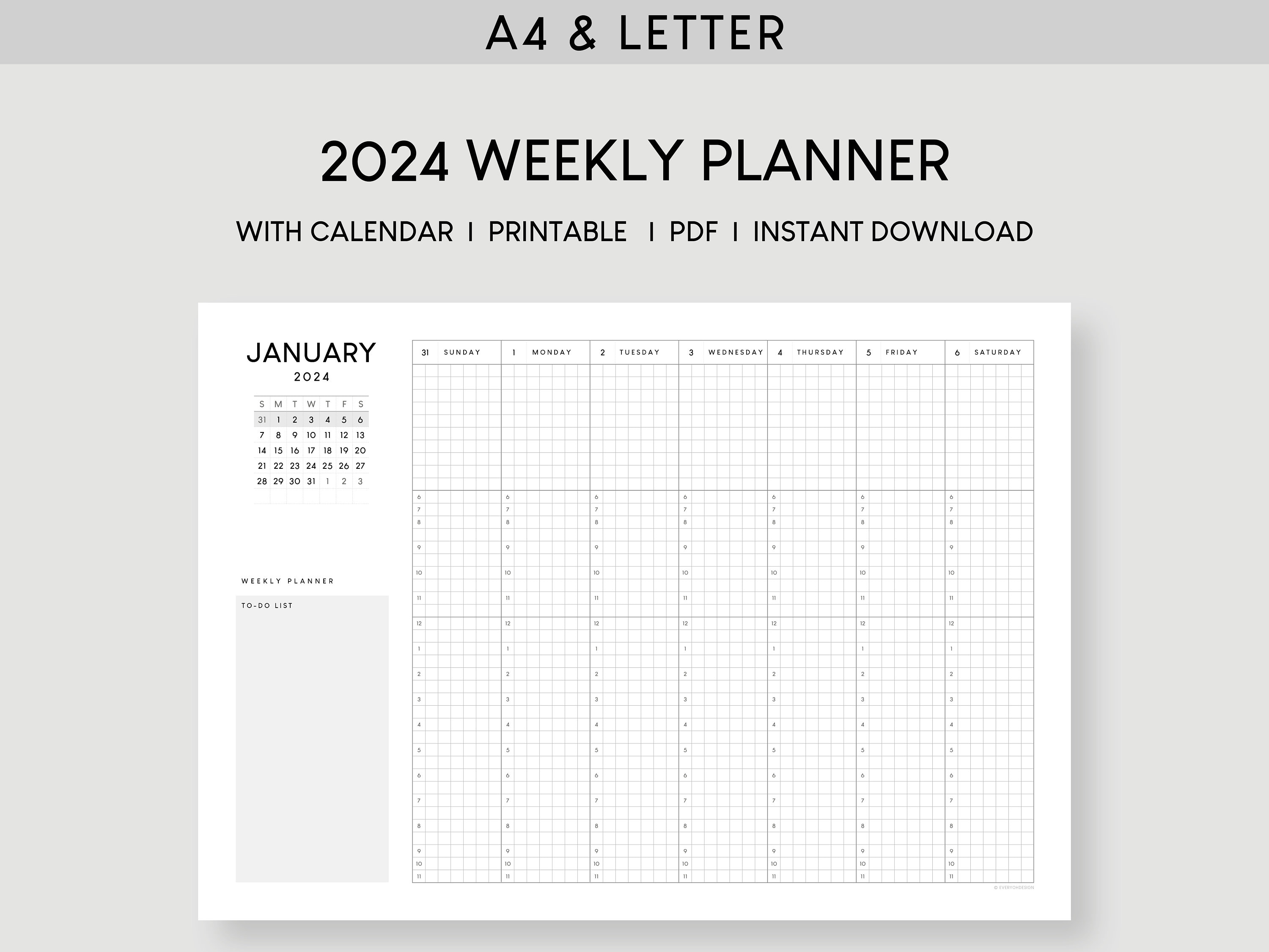 Agenda settimanale 2024 con calendario A4 e lettera / Modello stampabile  orario datato / Agenda da scrivania con programma di 52 settimane /  Settimana in breve -  Italia
