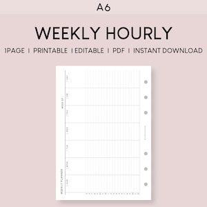 May include: A black and white printable weekly planner in A6 size. The planner has a simple design with a column for each day of the week and lines for hourly scheduling. The text "WEEKLY PLANNER" and "WEEK OF" are printed on the left side of the planner.
