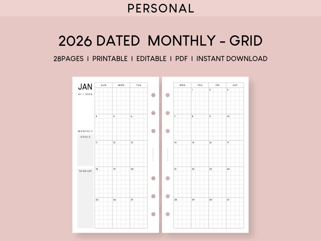 2026 Monthly Calendar Printable Insert: Personal Size Grid Template ...