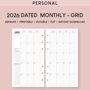 2026 Monthly Calendar Printable Insert: Personal Size Grid Template ...