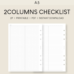 May include: A printable A5 checklist with two columns. The left column has a grid pattern and the right column has lined paper. Both columns have holes for a binder.
