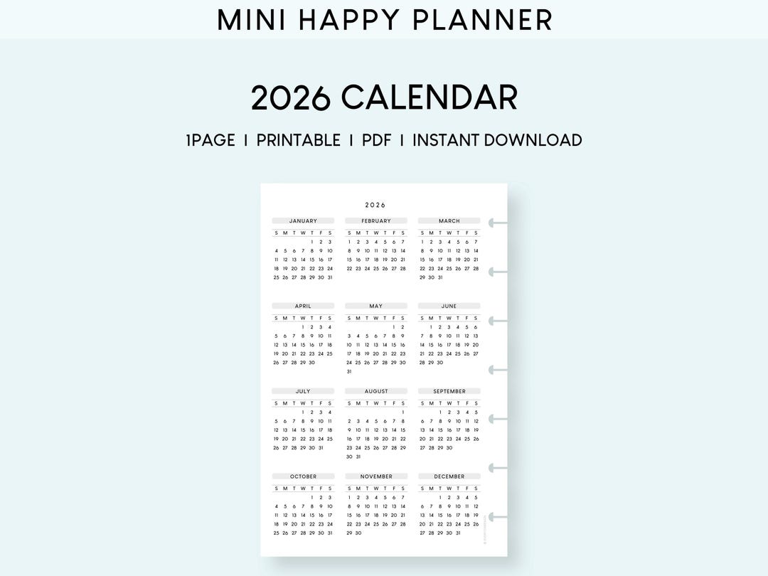 2026 Mini Happy Planner Calendar Printable: Minimalist Yearly Overview