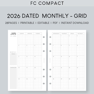 2026 Monthly Planner FC Compact Insert: Minimalist Printable & Editable PDF