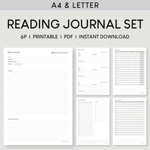 Paquete imprimible de diario de lectura A4 y carta / Planificador de libros de 6 tipos / Revisión de lectura, Registro, Rastreador, Lista de deseos / Plantilla para amantes de los libros