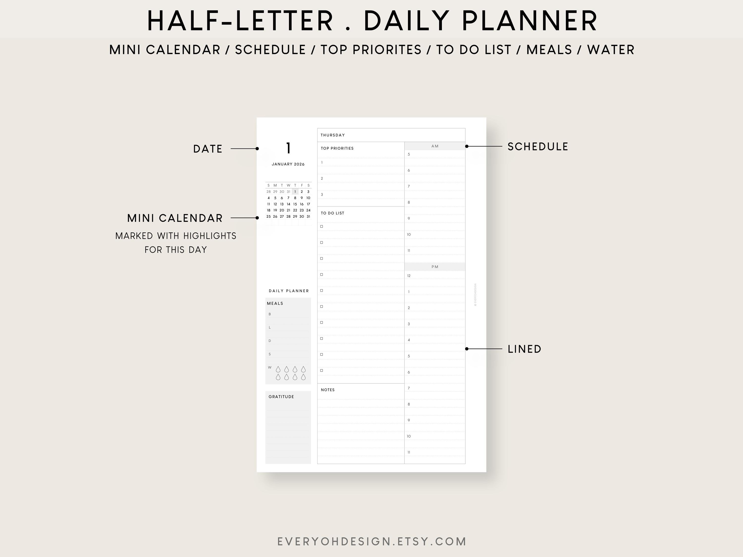 2026 Daily Planner Half-letter Printable Inserts: Hourly Schedule (PDF ...