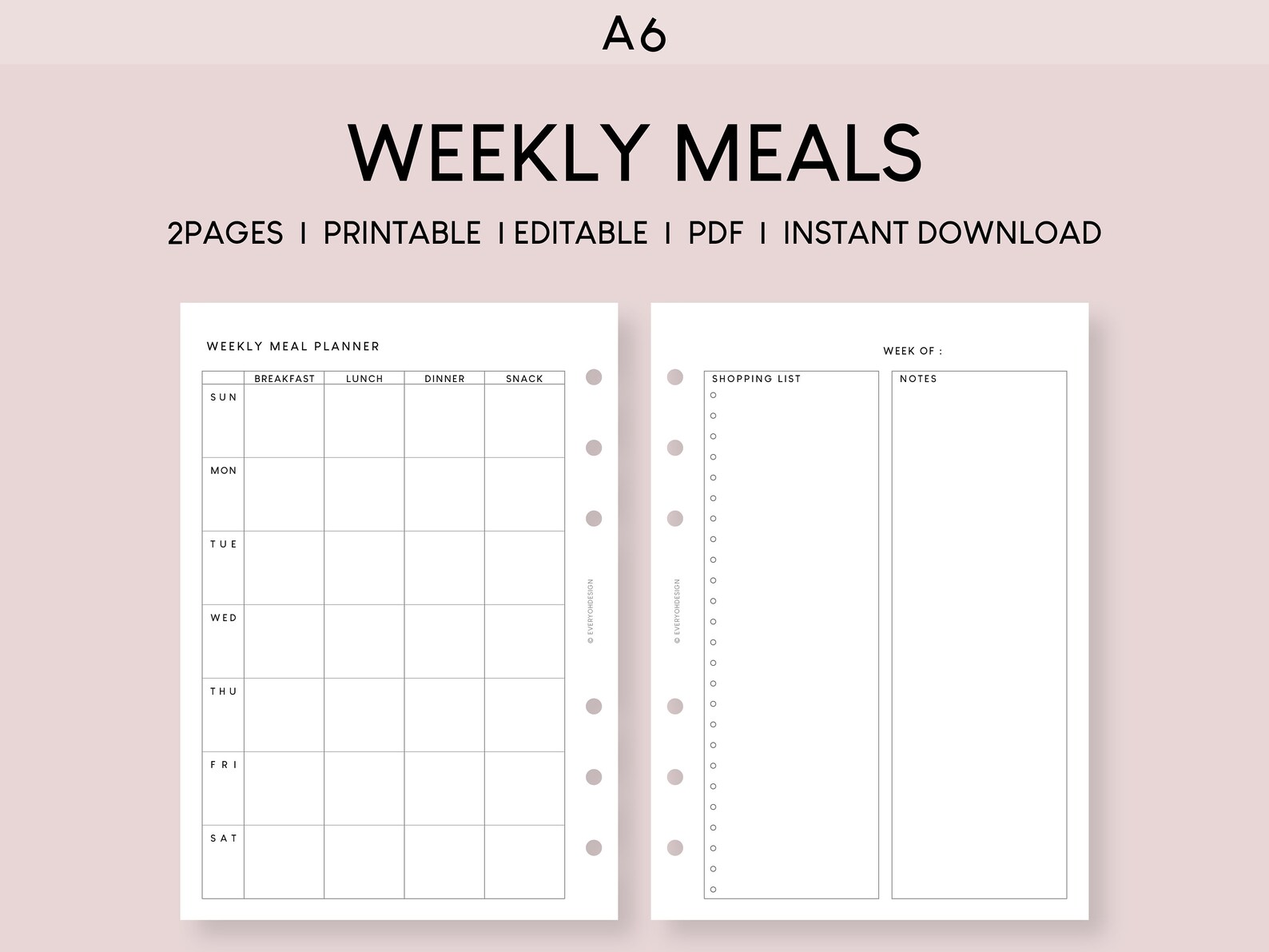 A6 Weekly Meal Planner Printable: Grocery List, Two-page Layout (PDF ...