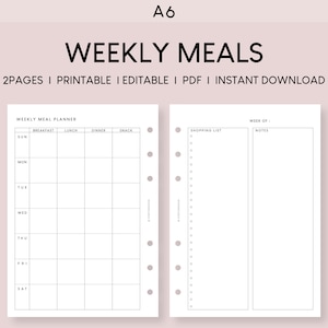 Könnte beinhalten: Ein druckbarer wöchentlicher Speiseplan mit Abschnitten für Frühstück, Mittagessen, Abendessen und Snack. Er enthält auch eine Einkaufsliste und einen Notizbereich. Der Planer ist für Papier im Format A6 ausgelegt.