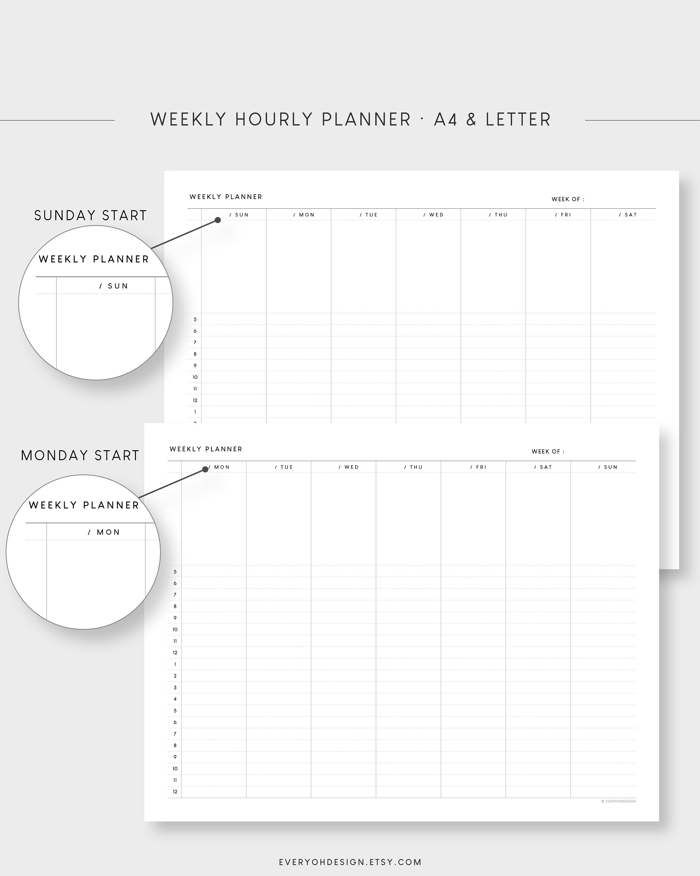 A4 & Letter Weekly Hourly Planner | Printable Week Overview ...