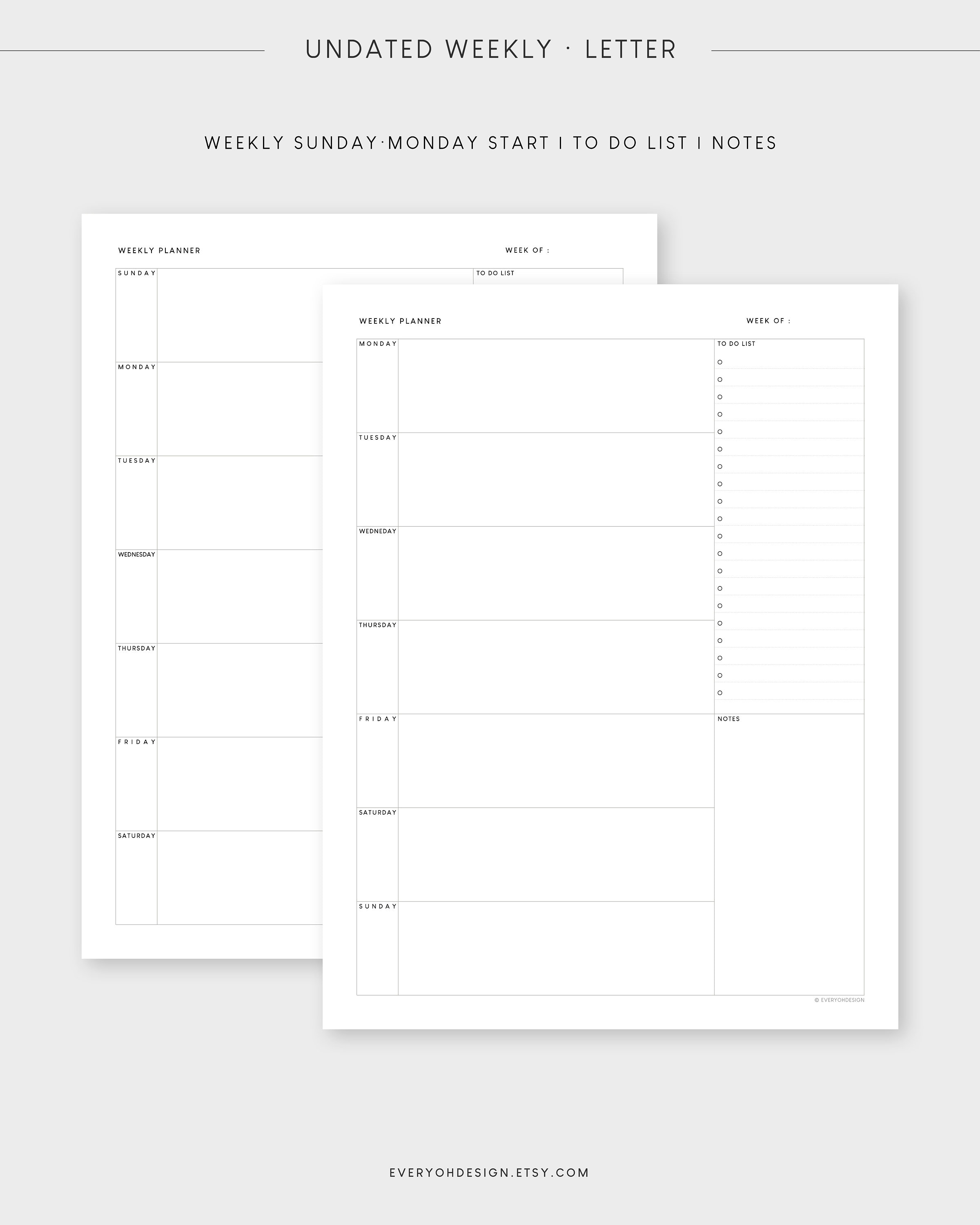 Undated Weekly Planner 1 Page A4 Letter Printable | Editable Week at a ...