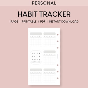 May include: A white habit tracker printable with a grid layout for tracking habits. The design includes sections for daily tracking, with the text "HABIT TRACKER" and numbers 1-12. The background is a soft pink.