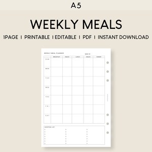 Könnte beinhalten: Ein druckbarer wöchentlicher Speiseplan im A5-Format. Der Planer enthält Abschnitte für Frühstück, Mittagessen, Abendessen und Snacks für jeden Tag der Woche. Er enthält auch einen Abschnitt für eine Einkaufsliste.