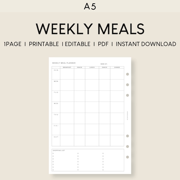 Weekly Meal Grid A5 Planner Insert | Grocery Shopping List | Printable Menu sheet | Editable Meal Perp Template | Undated Schedule Worksheet