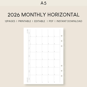 2026 Monthly Planner A5 Printable Inserts: Horizontal Layout (PDF)