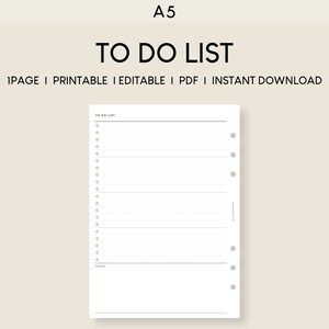 Ausfüllbare To Do Liste A5 Template | Druckbare Planer A5 Einsätze | Minimalistische Checklisten-Seiten | Bearbeitbare Aufgabenliste | Einfache To Do Liste