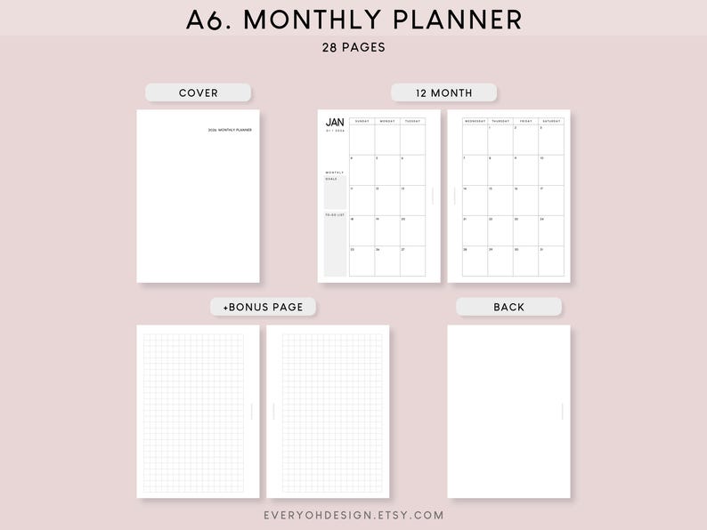 2026 A6 Monthly Calendar Printable Inserts (included Editable PDF) - Etsy
