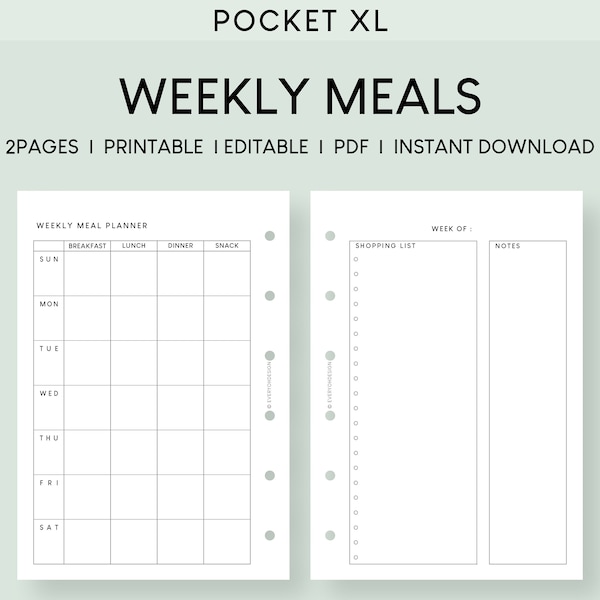 Pocket XL Meal Planner Printable Inserts | Undated Weekly Agenda Editable | Minimalist Menu Plan Schedule Template | 52-week Diet Tracker