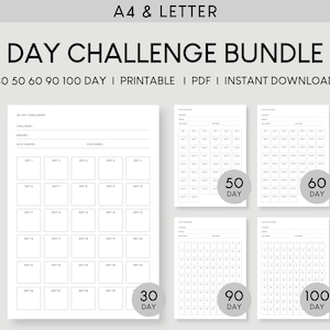 Paquete imprimible del desafío de 100 días Plantilla de carta A4 con seguimiento de 30 días Diario de rutina de 50 días Lista de tareas pendientes de 60 días Planificador de gestión de objetivos de 90 días