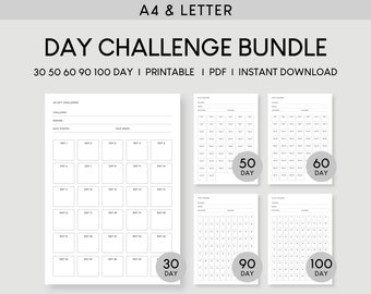 May include: A printable bundle of 30, 50, 60, 90, and 100 day challenge trackers. Each tracker has a space for a challenge title, reward, start date, and end date. The trackers are designed to help you stay motivated and on track with your goals.