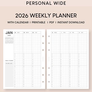 2026 Weekly Planner Printable Inserts: Personal Wide Minimalist Design (PDF)