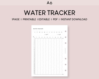 A6 Water Intake Tracker Printable: Monthly Hydration Log (PDF)