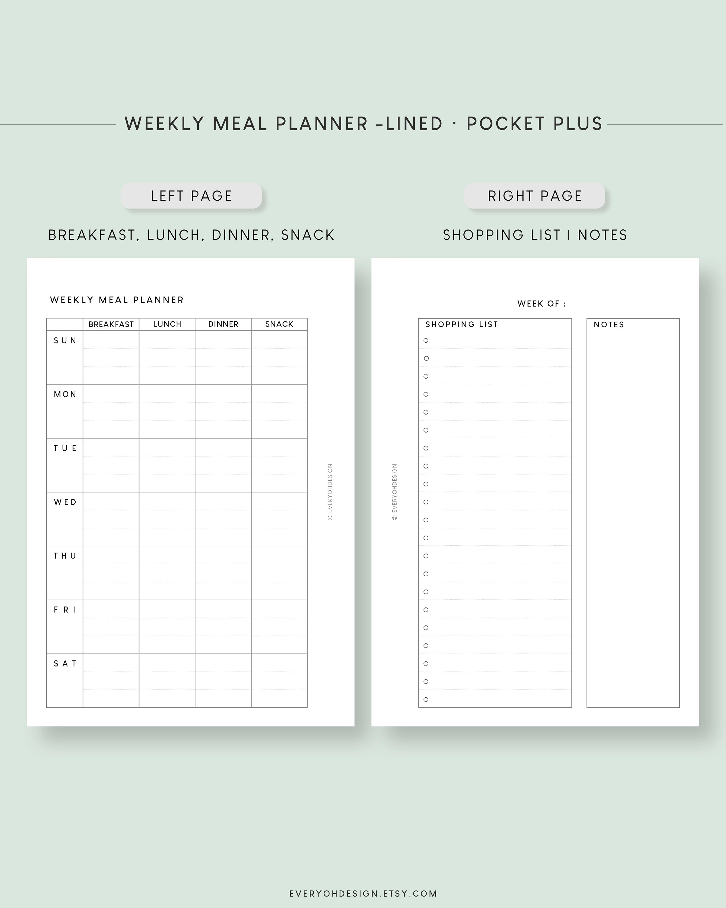 Pocket Plus Meal Planner Printable Inserts | Minimal Menu Template ...