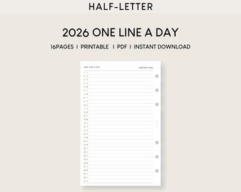 2026 One Line A Day Printable Inserts: Half Letter Gratitude Journal (PDF)