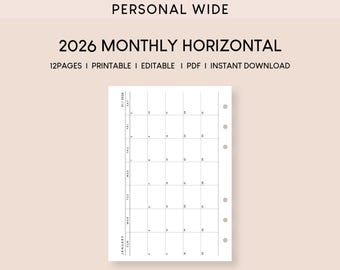 2026 Monthly Planner Printable Inserts: Personal Wide Horizontal Layout (PDF)
