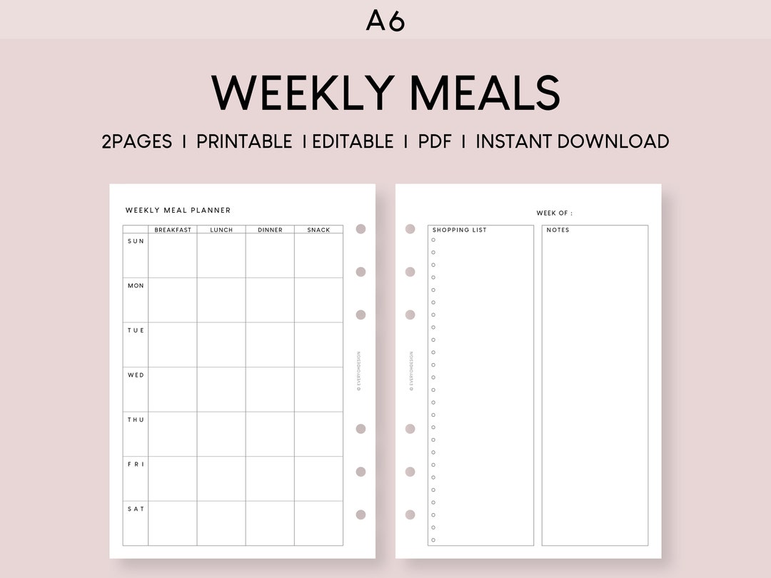 A6 Meal Weekly Planner Grid Printable Inserts | Edit Menu Planning ...